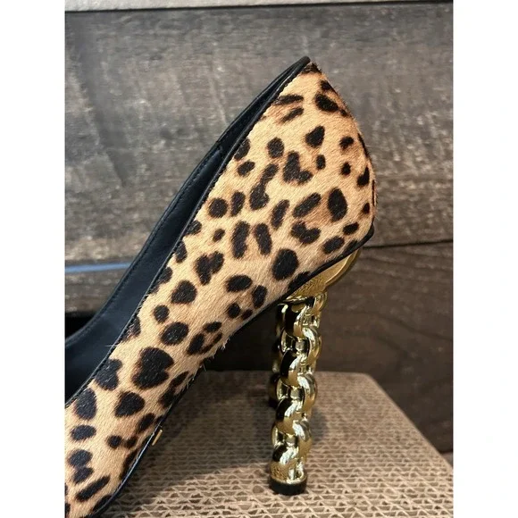 KAT MACONIE Lydia Leopard Pointed Toe Pumps Size 6 Gold Chain Heels Black Brown - Picture 4 of 9